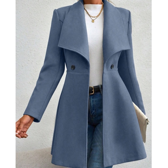 Classic Wide Collar Flare Hem Button Oversized Pea Coat - Picture 3 of 13